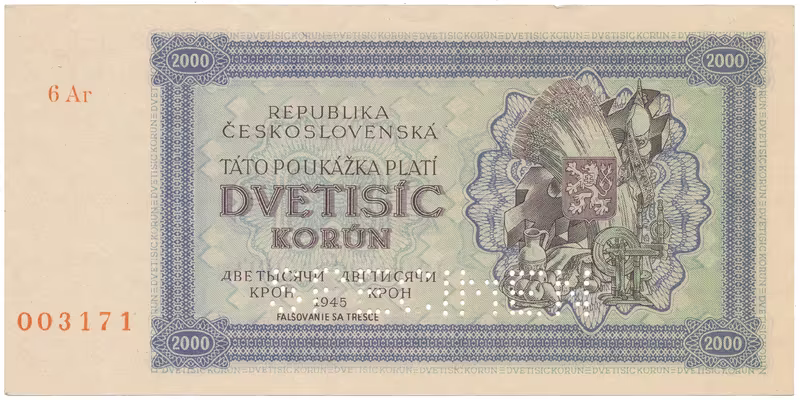 Československo, 2000 Koruna 1945, série s 1 číslem, 1x SPECIMEN dole, Hej.69a1.S2