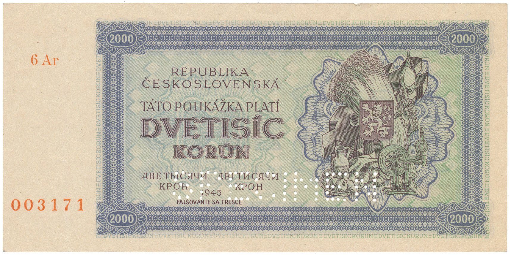 Československo, 2000 Koruna 1945, série s 1 číslem, 1x SPECIMEN dole, Hej.69a1.S2