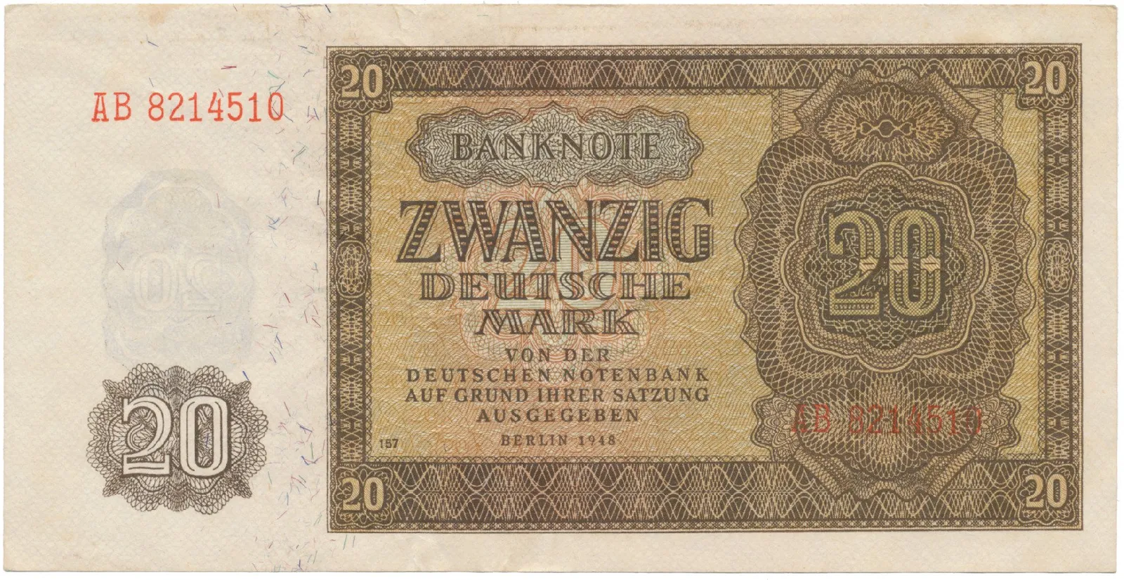 Německo - NDR, 20 DM 1948, tisk NDR (1952), 7-místný číslovač, Ros.344d