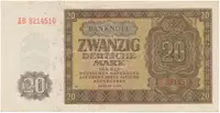 Německo - NDR, 20 DM 1948, tisk NDR (1952), 7-místný číslovač, Ros.344d