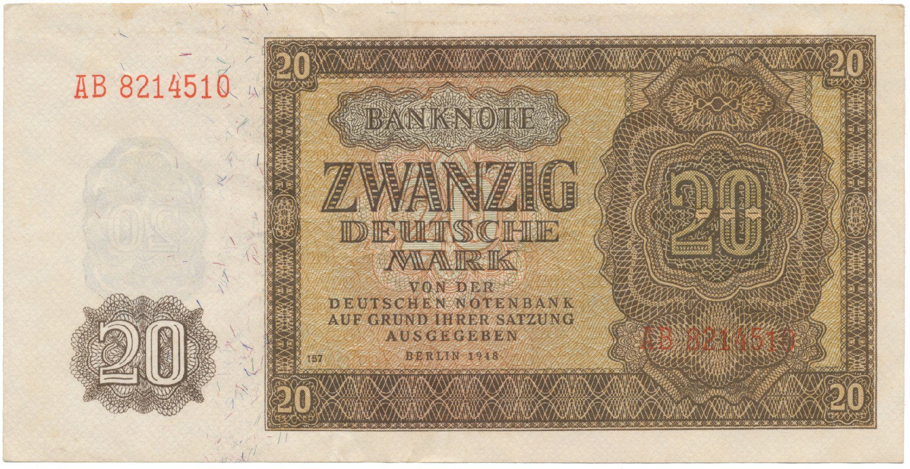 Německo - NDR, 20 DM 1948, tisk NDR (1952), 7-místný číslovač, Ros.344d