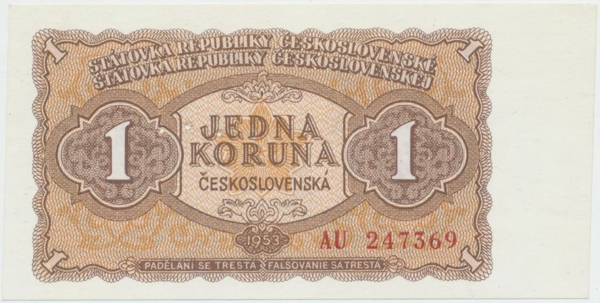Československo, 1 Koruna 1953, tisk Moskva, série AU, perf. 3 md, Hej.89a1.S1