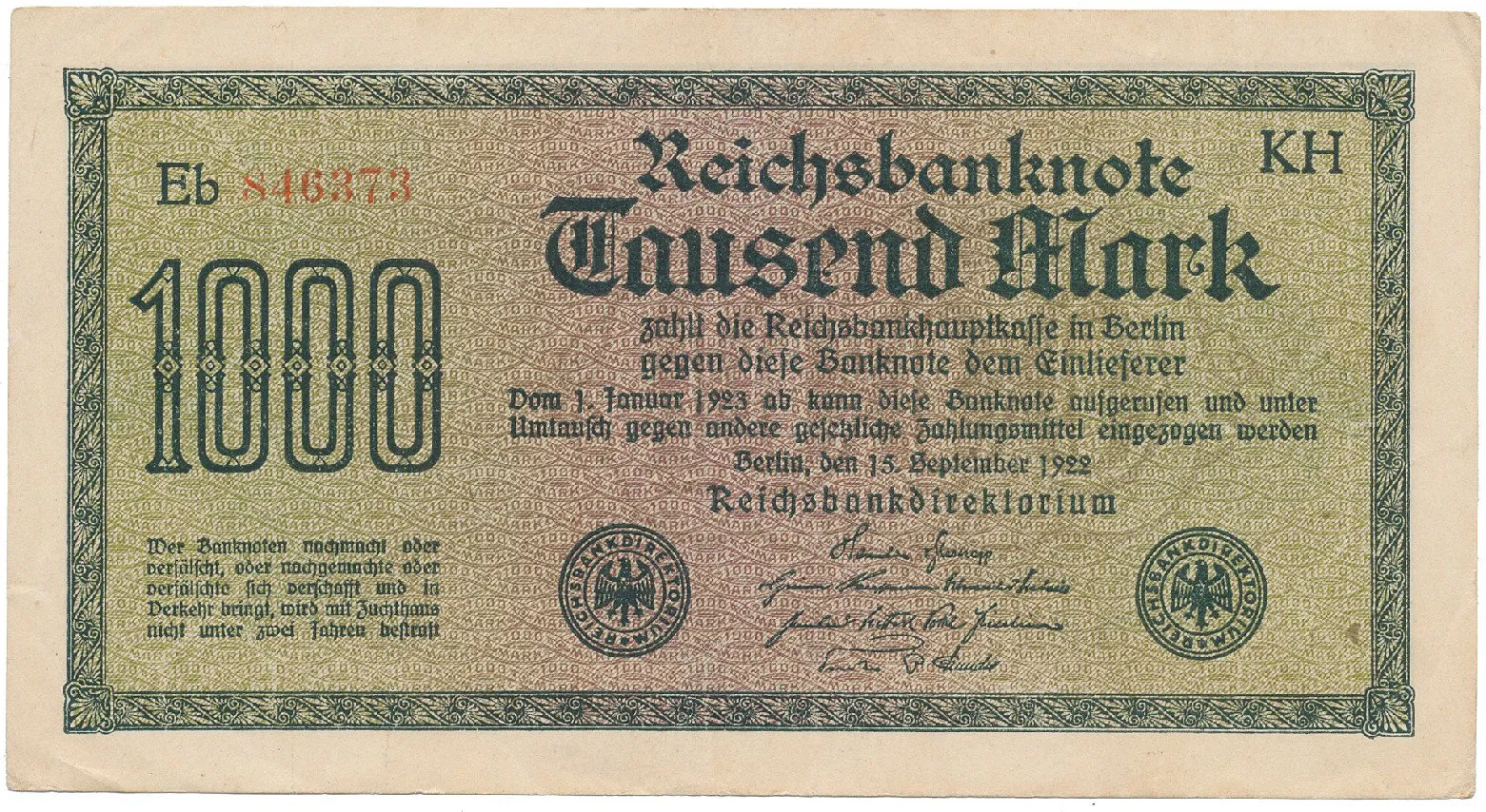 Německo, 1000 Mark 1922, vod. Achterstreifen, Ro.75o