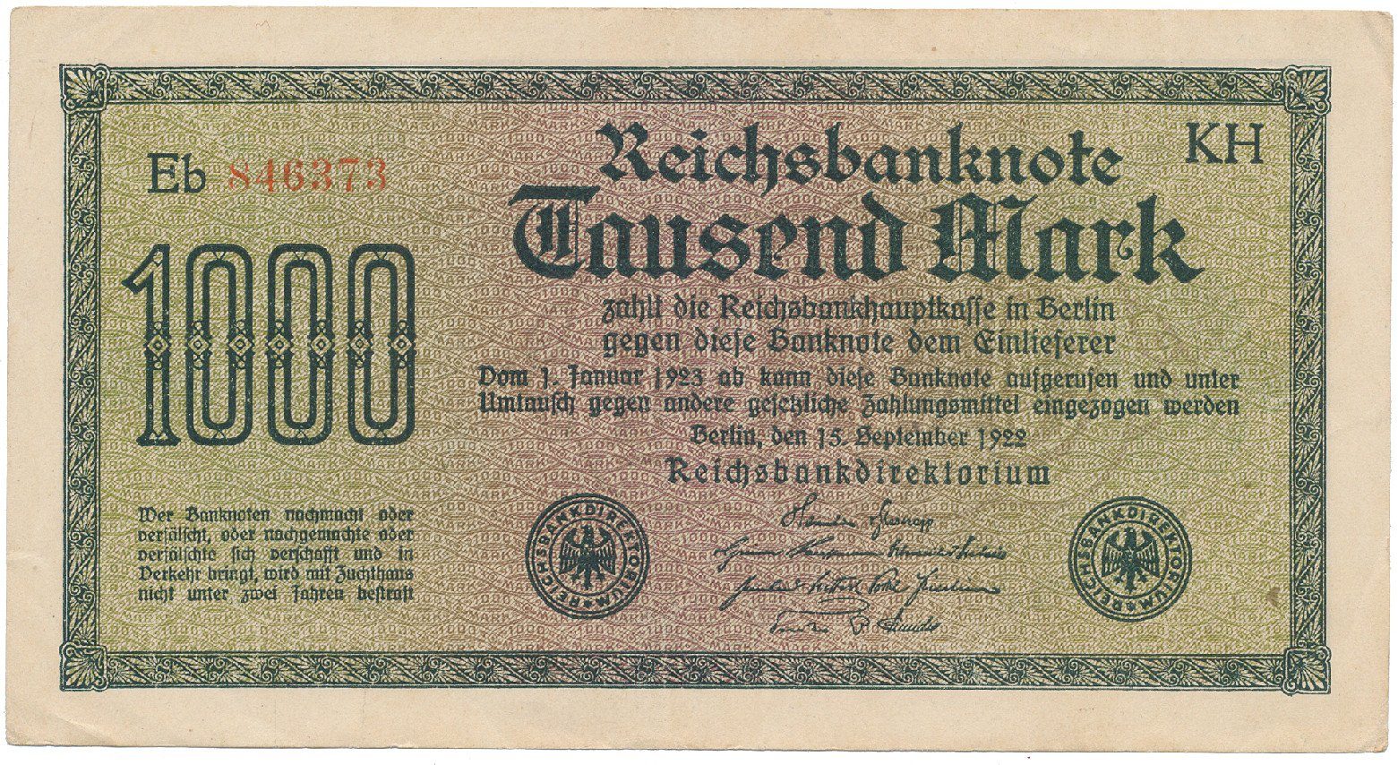 Německo, 1000 Mark 1922, vod. Achterstreifen, Ro.75o