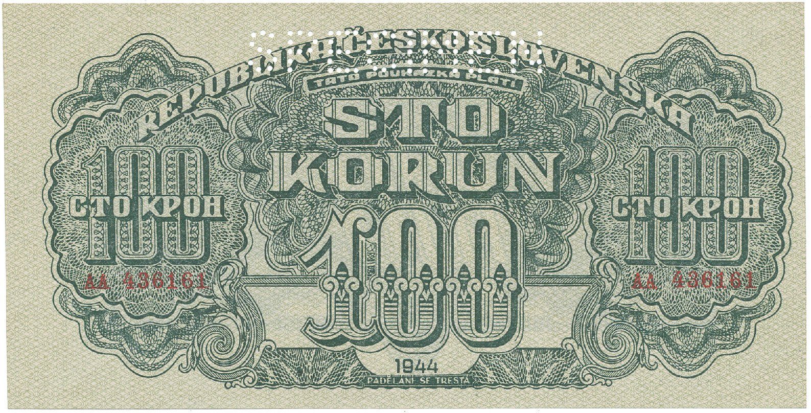100 Koruna 1944, číslovač 19 mm, první série AA, SPECIMEN, Hej.59a.S1