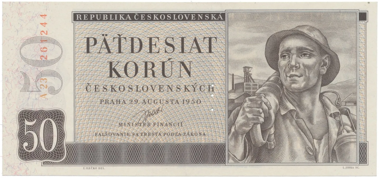 50 Koruna 1950, I. vydání, perforace 3 m.d., Hej.87aS1