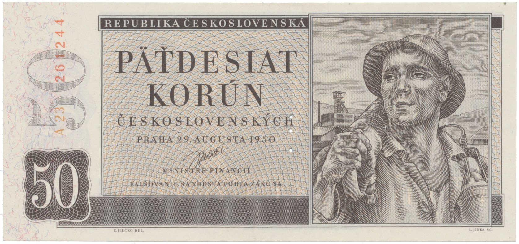 50 Koruna 1950, I. vydání, perforace 3 m.d., Hej.87aS1