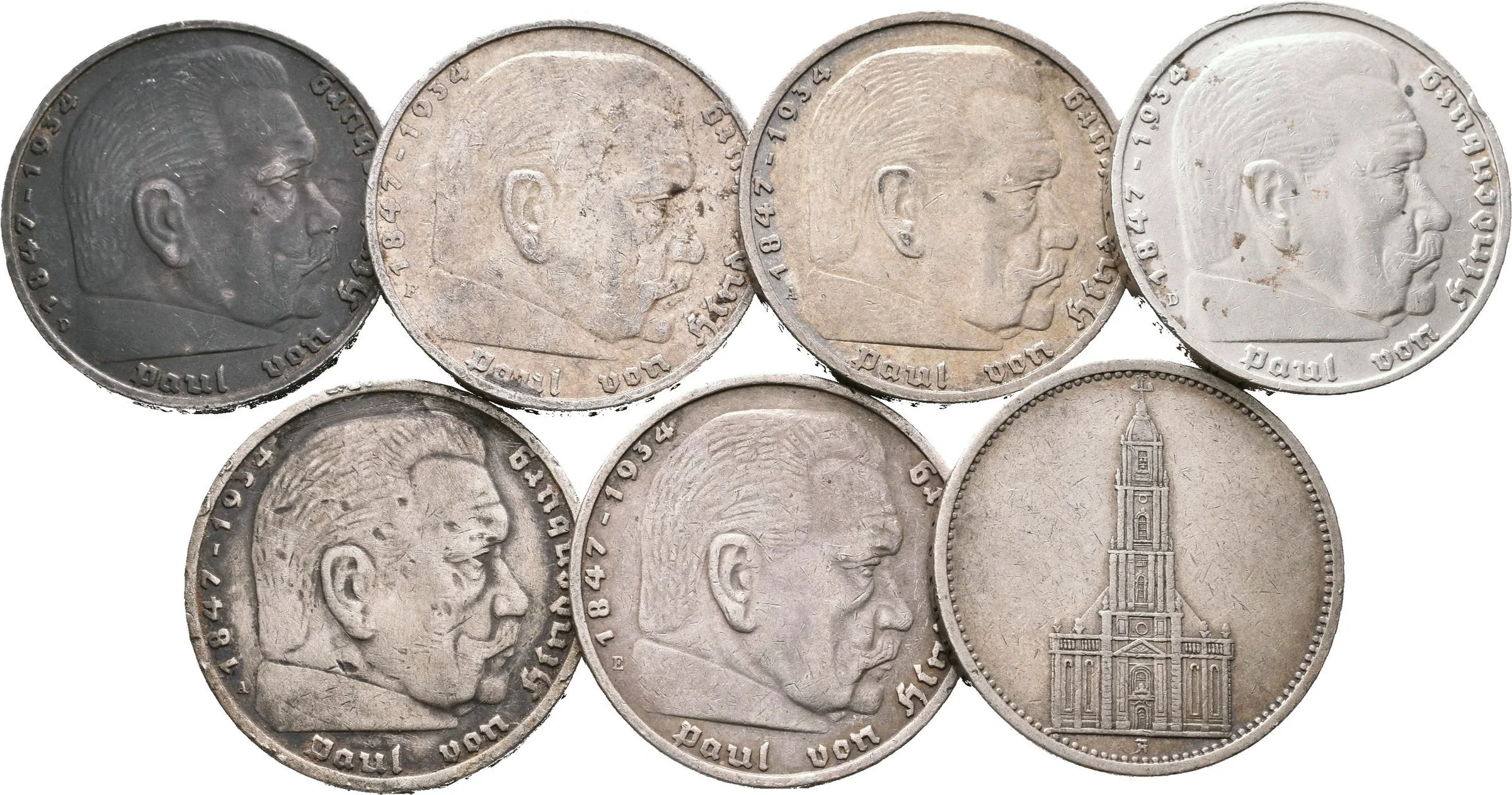 Soubor mincí - 5 Marka 1935 A - kostel, 1935 A, D, F, 1936 E - bez svastiky — 1