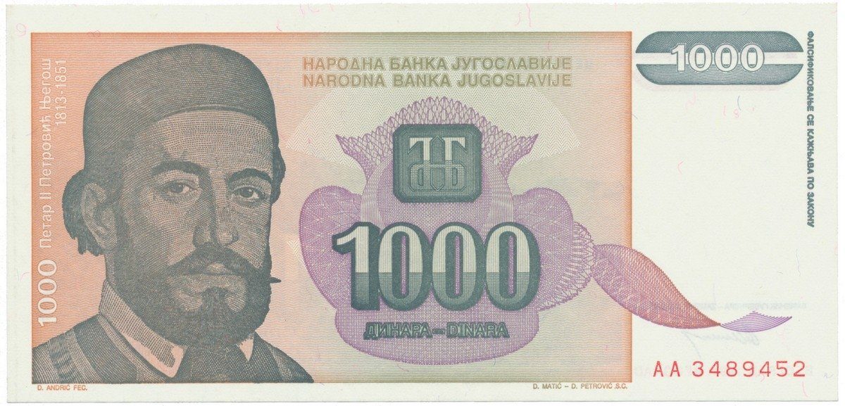 Jugoslávie, 1000 Dinara 1994, P.140