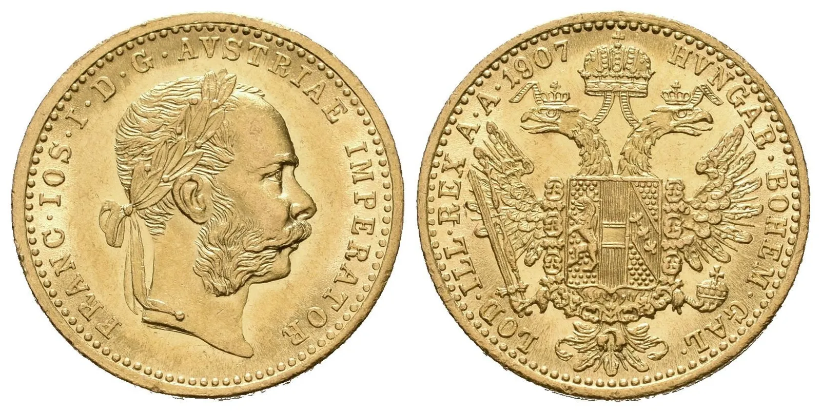 Dukát 1907, krásná zachovalost, ražební lesk, patina, rysky v ploše, — 1