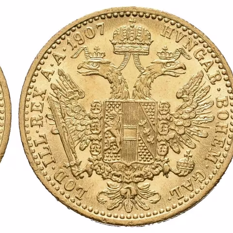 Dukát 1907, krásná zachovalost, ražební lesk, patina, rysky v ploše,