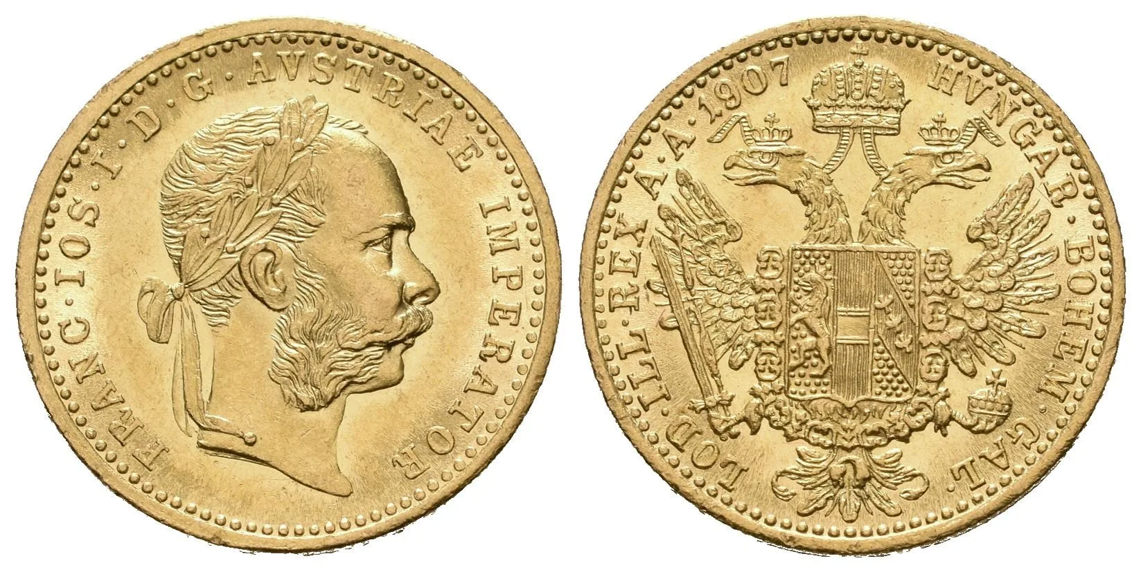 Dukát 1907, krásná zachovalost, ražební lesk, patina, rysky v ploše, — 1