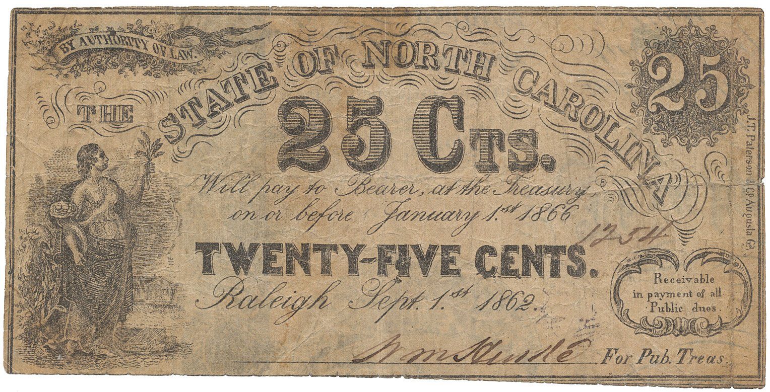 USA, North Carolina, 25 Cents 1. 9. 1862, na Rv. část tisku cenného papíru
