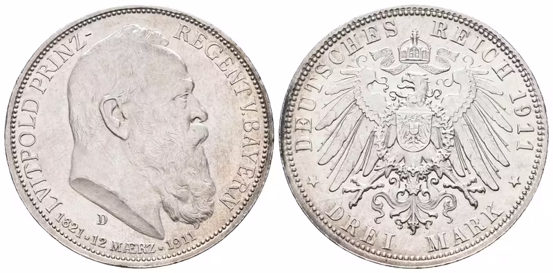 Bavorsko, 3 Marka 1911 D - 90. výročí narození