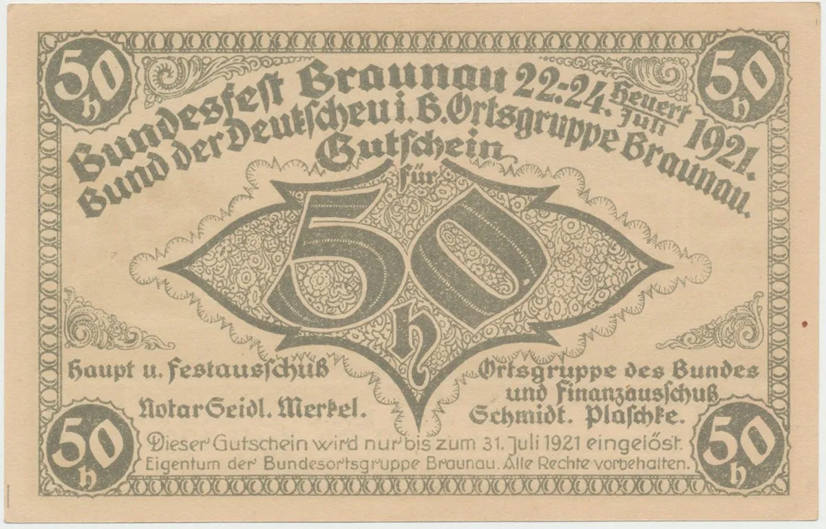 Braunau (Broumov) - Spolek Němců v Čechách, 50 h 1921, HH.15.5.1