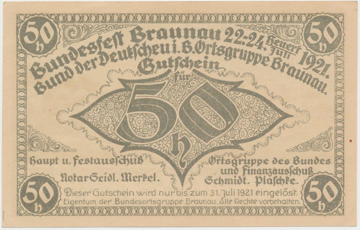 Braunau (Broumov) - Spolek Němců v Čechách, 50 h 1921, HH.15.5.1