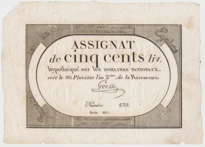 Francie, 500 Livres 1794, P.A77, včetně archového okraje