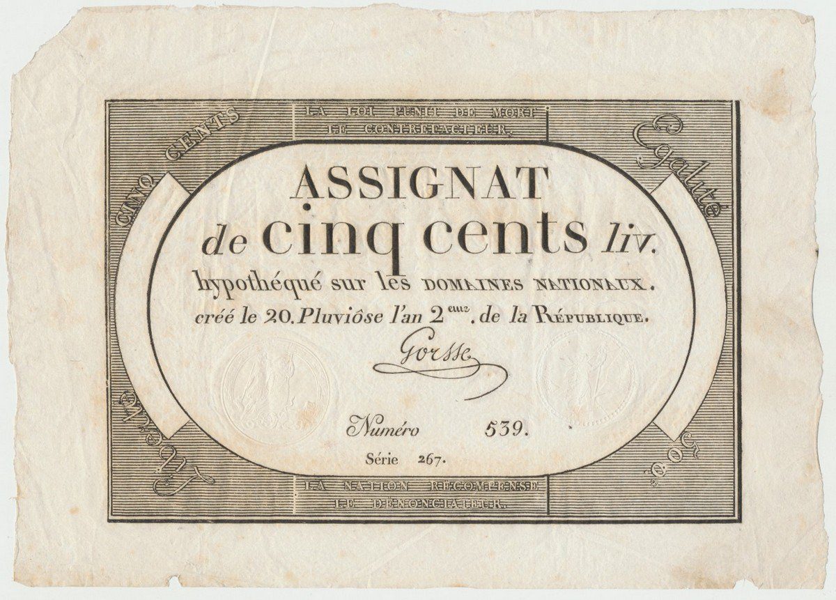 Francie, 500 Livres 1794, P.A77, včetně archového okraje