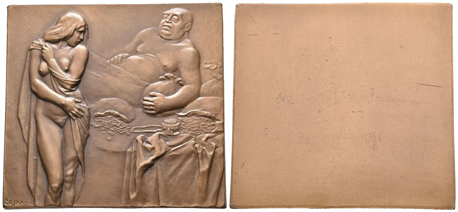 AE Plaketa b.l. - "Chamtivec". Jednostranný patinovaný bronz 60x56 mm, — 1