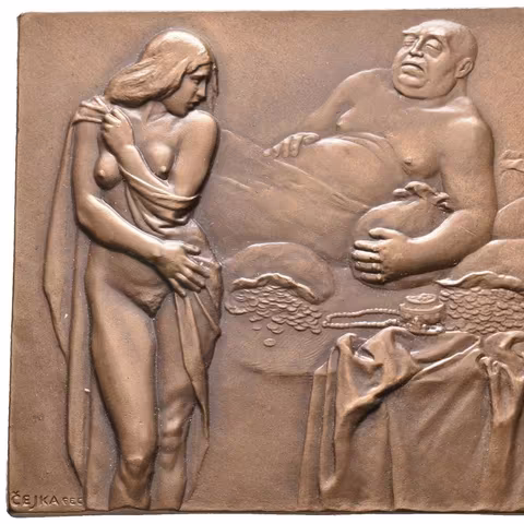 AE Plaketa b.l. - "Chamtivec". Jednostranný patinovaný bronz 60x56 mm,