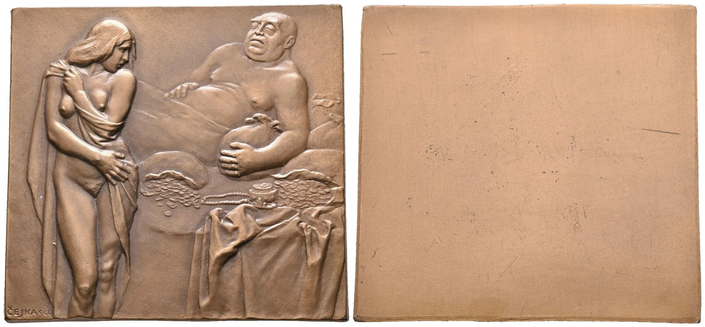 AE Plaketa b.l. - "Chamtivec". Jednostranný patinovaný bronz 60x56 mm, — 1