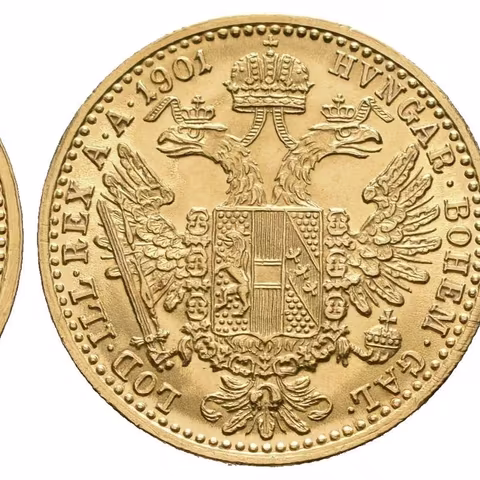 Dukát 1901, velmi pěkná zachovalost, zbytky lesku, drobné rysky,