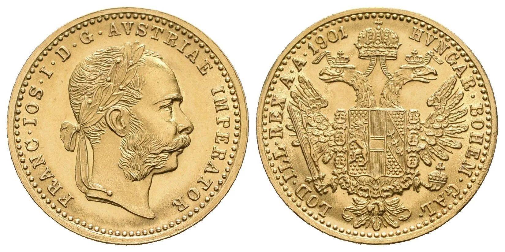 Dukát 1901, velmi pěkná zachovalost, zbytky lesku, drobné rysky, — 1