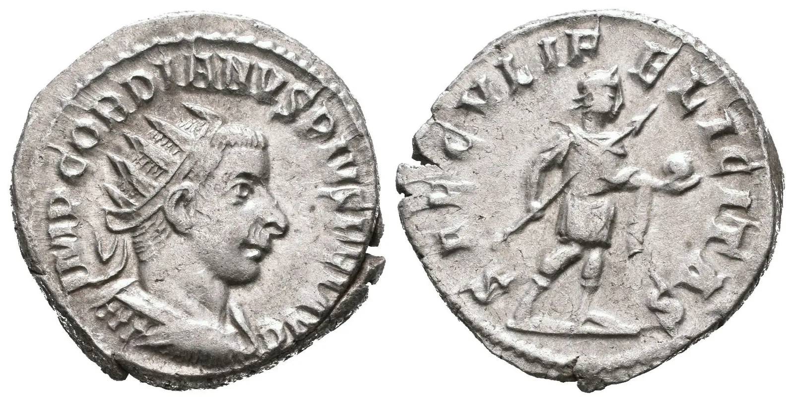 Antoninian, Antiochia, 242 - 244, Rv: SAECVLI FELICITAS, stojící císař s oštěpem — 1