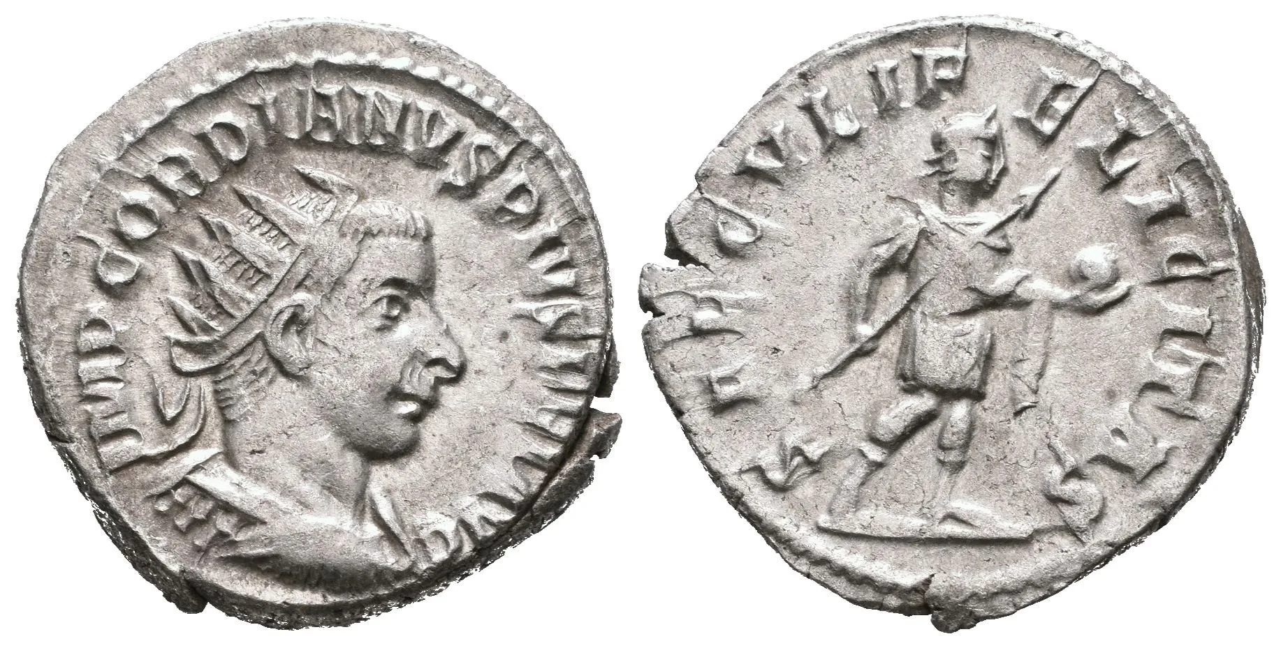 Antoninian, Antiochia, 242 - 244, Rv: SAECVLI FELICITAS, stojící císař s oštěpem — 1