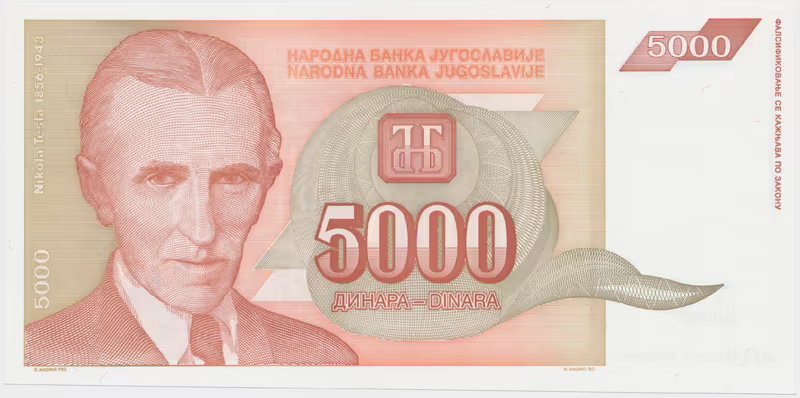 Jugoslávie, 5000 Dinara 1993, nedokončená bez série a čísla, P.128