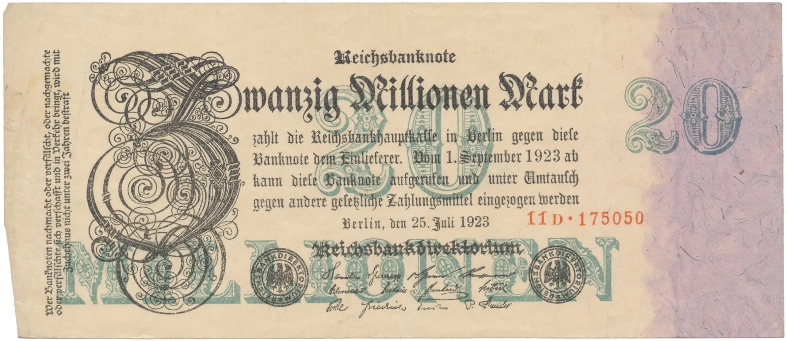 Německo, 20 Millionen Mark 1923, Ro.96b