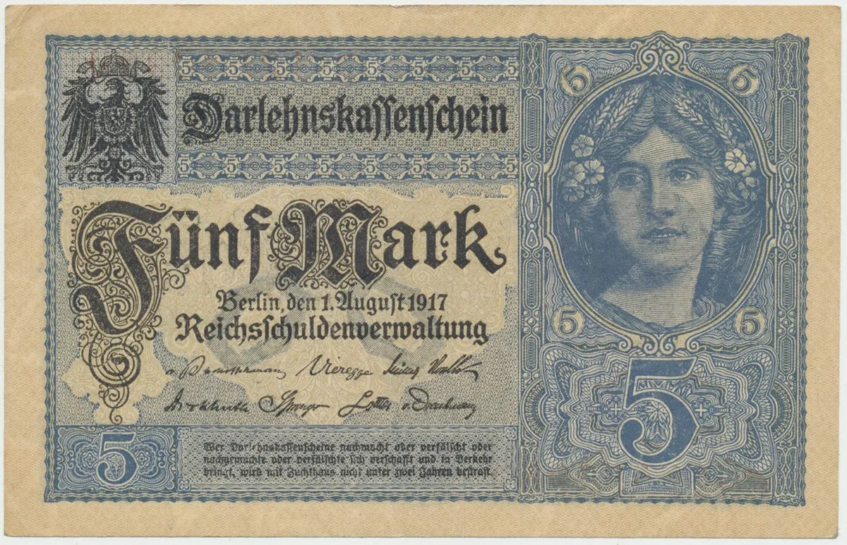 Německo, 5 Mark 1917, šedomodrá, 8-místný číslovač, Ro.54b