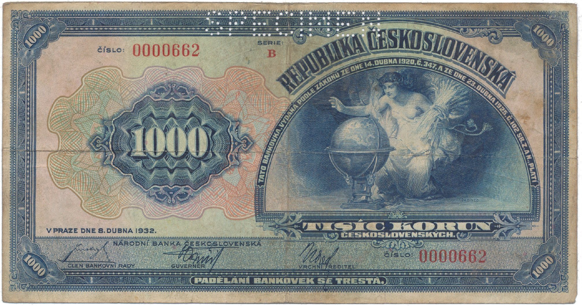 1000 Koruna 1932, série B 0000662, SPECIMEN, Hej.26a.S1