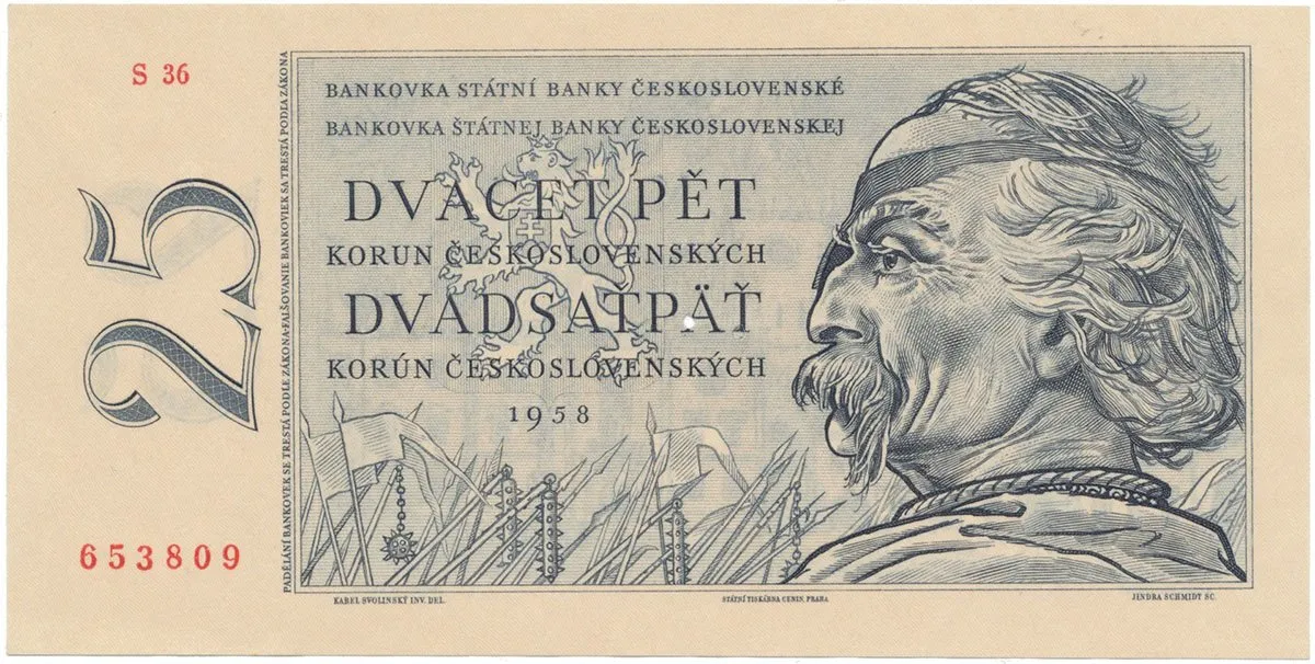 Československo, 25 Koruna 1958, Hej.96a.S1, perforace 3 m.d.