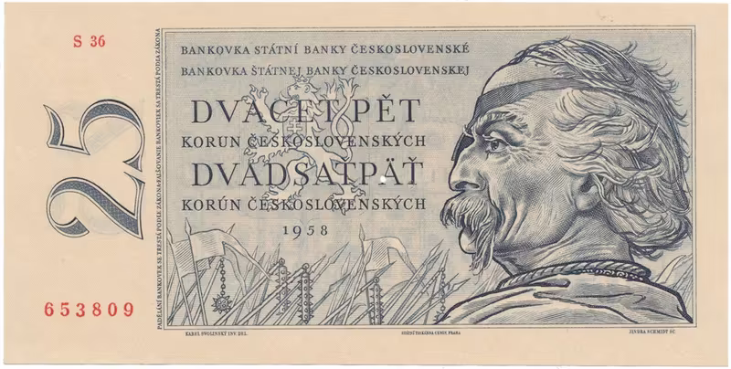 Československo, 25 Koruna 1958, Hej.96a.S1, perforace 3 m.d.