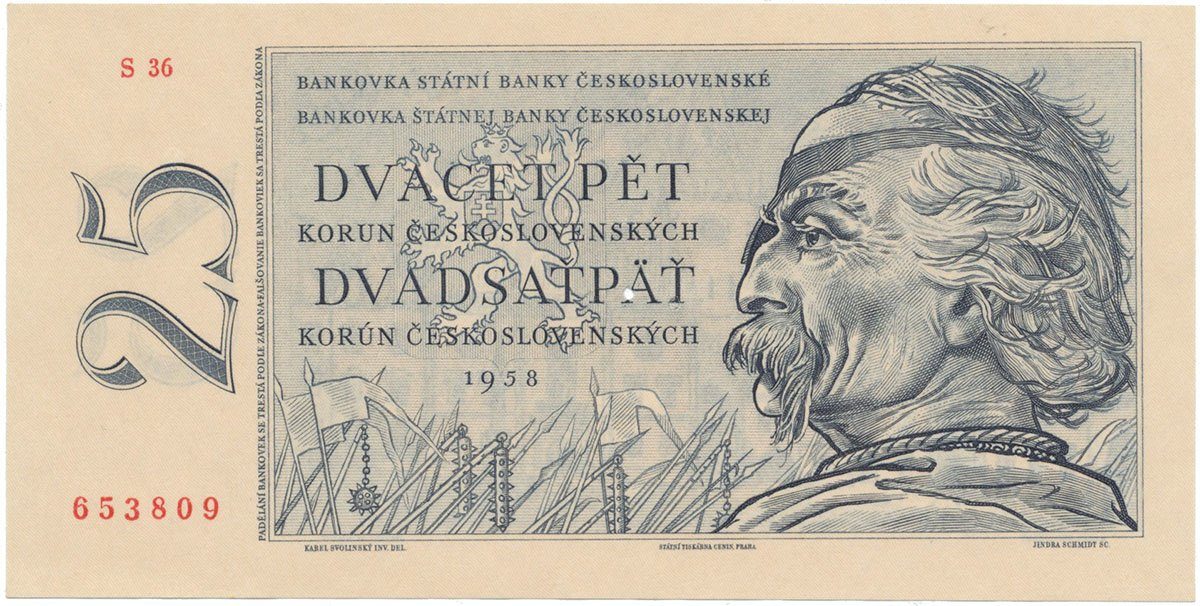 Československo, 25 Koruna 1958, Hej.96a.S1, perforace 3 m.d.