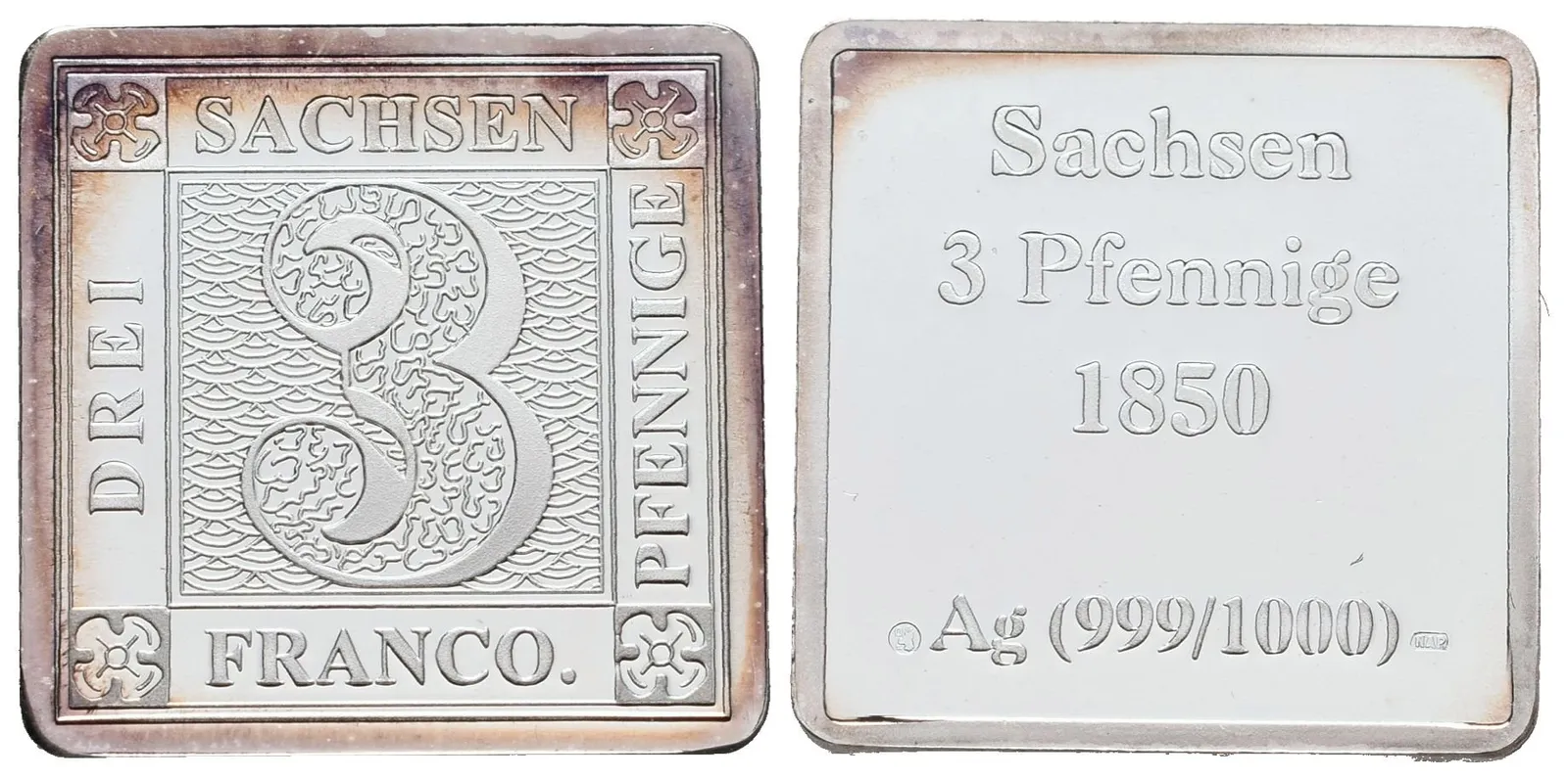 Stříbrná známka - Saská trojka z roku 1850 - Ag 6 g - 999/1000