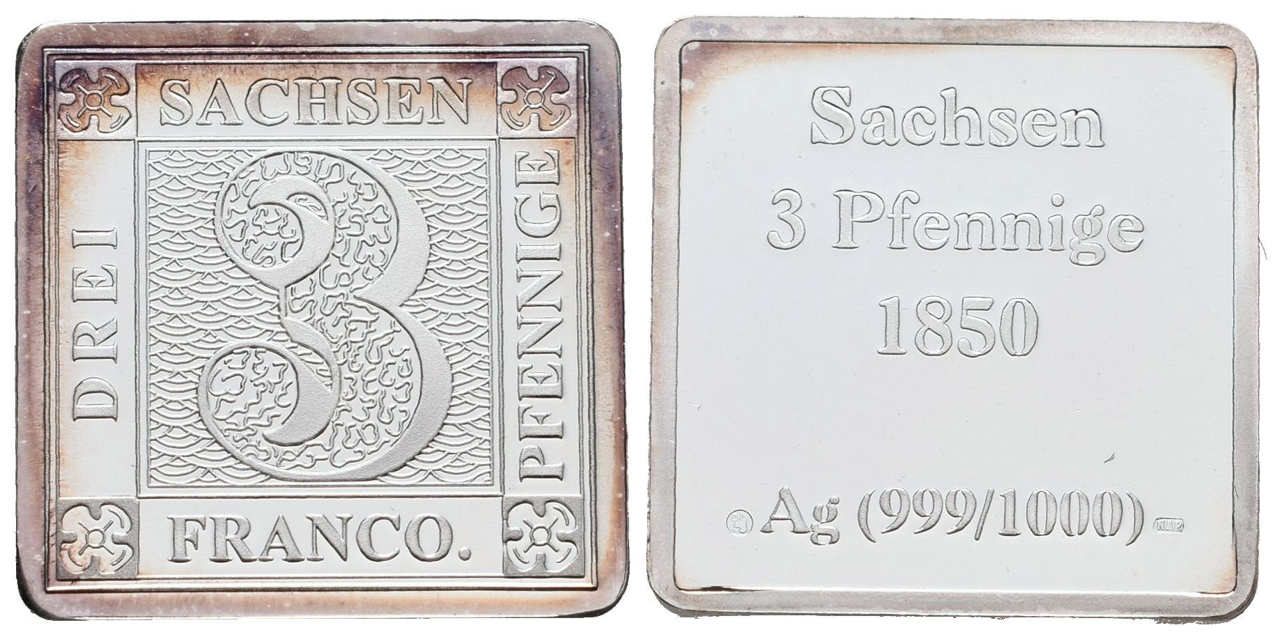 Stříbrná známka - Saská trojka z roku 1850 - Ag 6 g - 999/1000