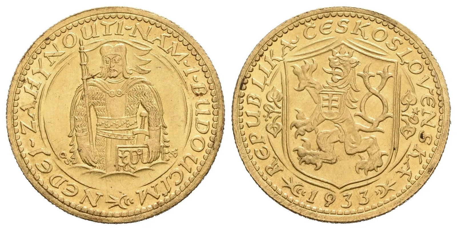 Dukát 1933 (raženo 57597 ks), pěkná zachovalost, patina, zbytky lesku, drobné rysky — 1