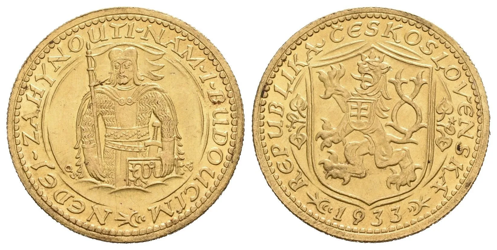 Dukát 1933 (raženo 57597 ks), pěkná zachovalost, patina, zbytky lesku, drobné rysky — 1