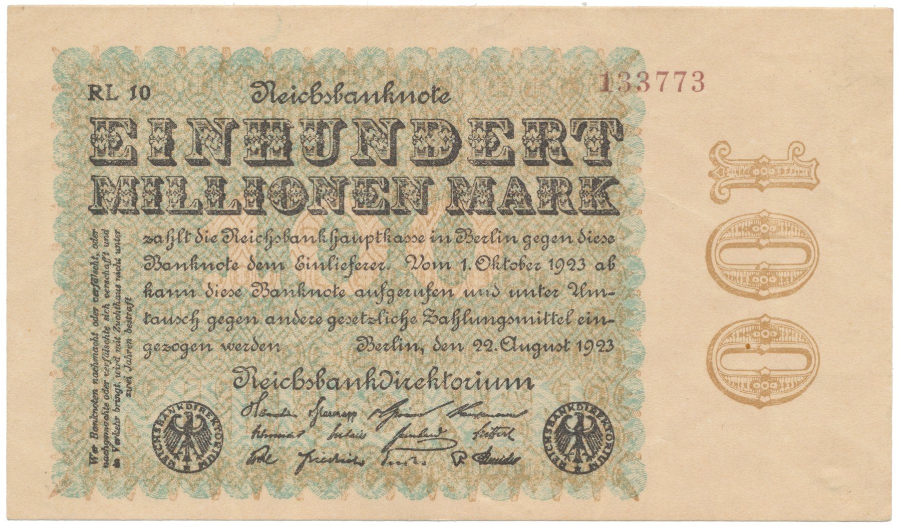 Německo, 100 Millionen Mark 1923, Sterne, Ro.106u