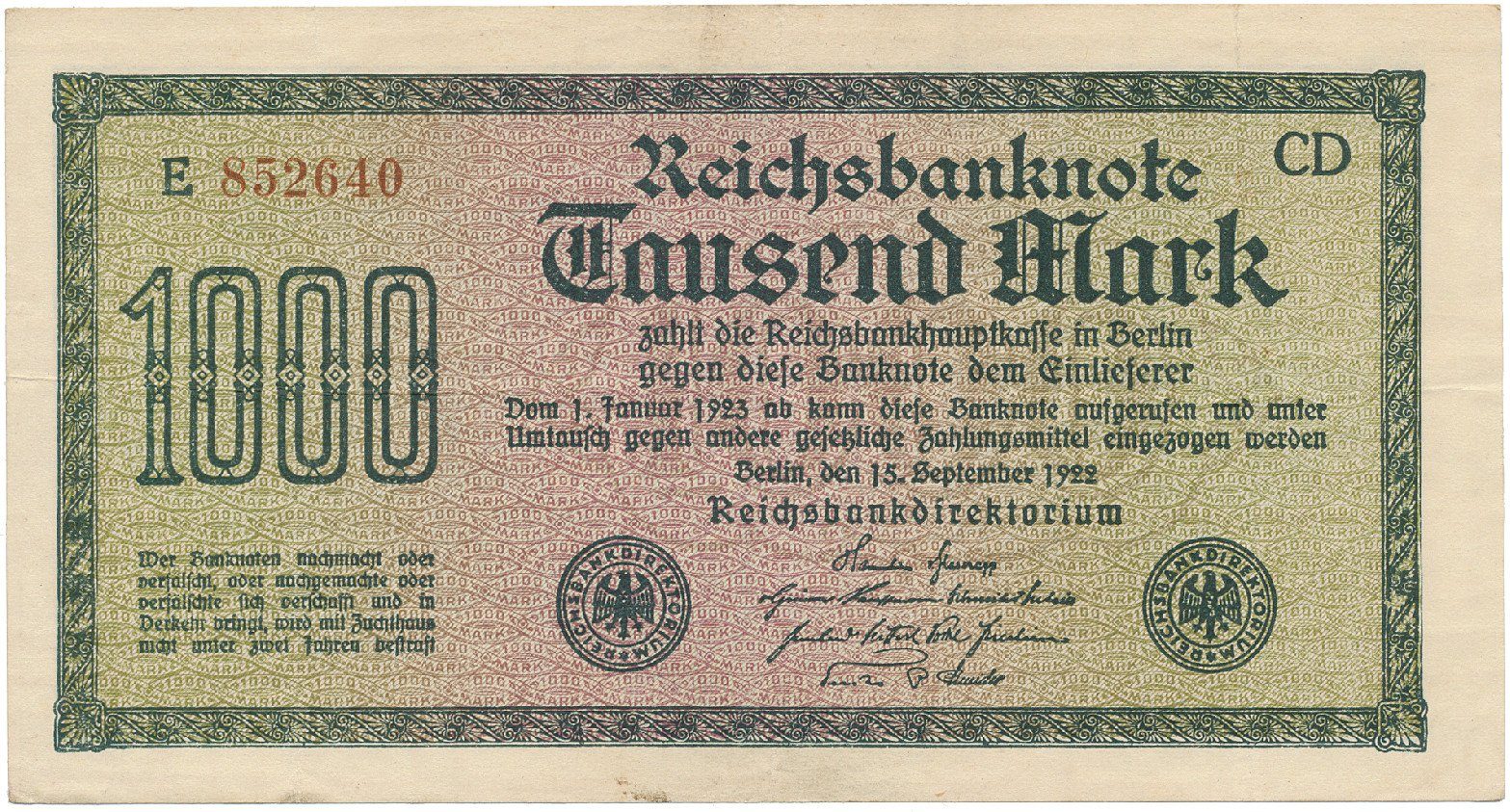 Německo, 1000 Mark 1922, vod. Mäander, hnědé 6-místné číslo, Ro.75i