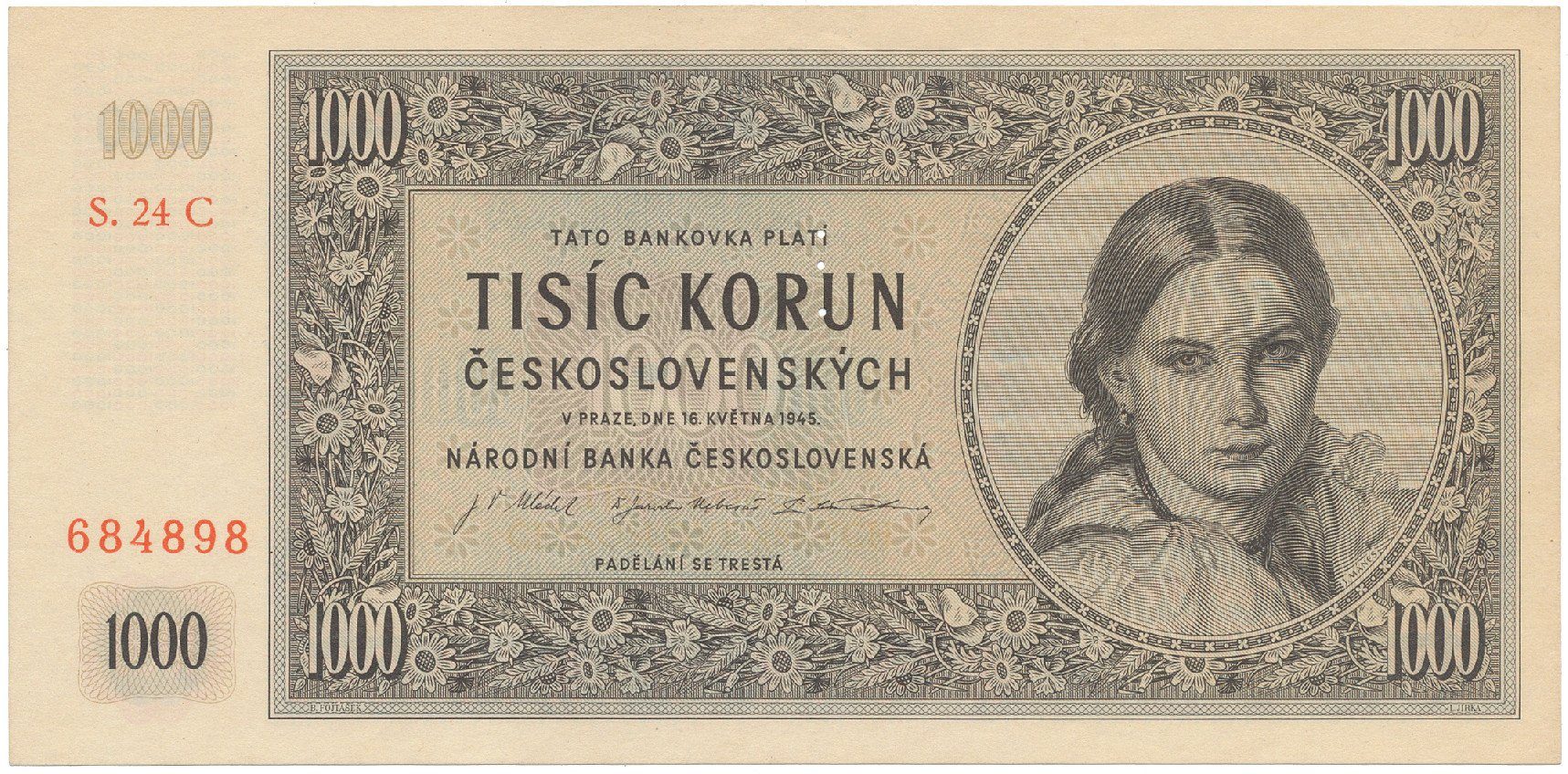 Československo, 1000 Koruna 1945, II. vydání, série C, perf. 3 md svisle, Hej.79aC.S1