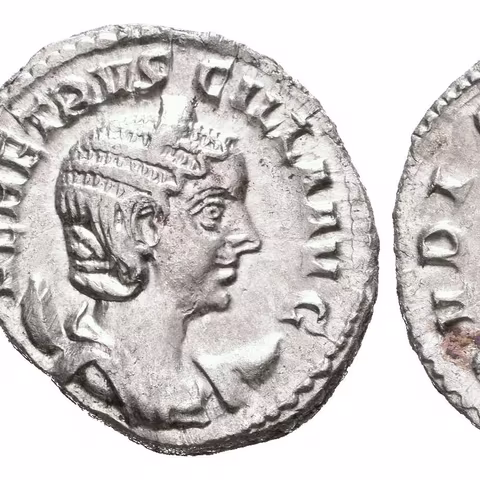 Antoninian, Rv: PVDICITIA AVG, stojící Pudicitia zleva drží žezlo, pravicí si přidržuje