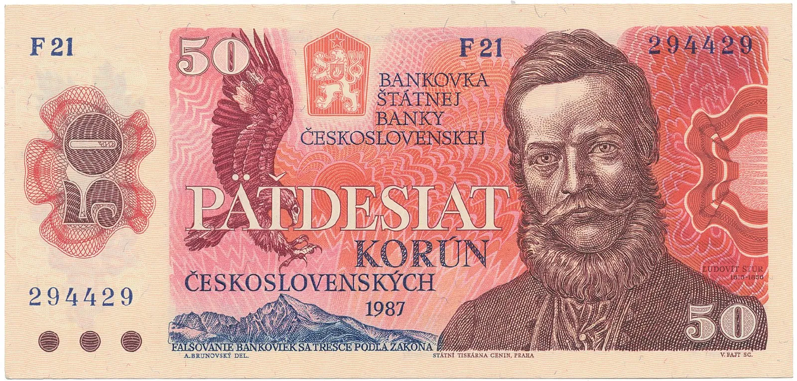 Československo, 50 Koruna 1987, série F, úzké sériové číslo, Hej.108a