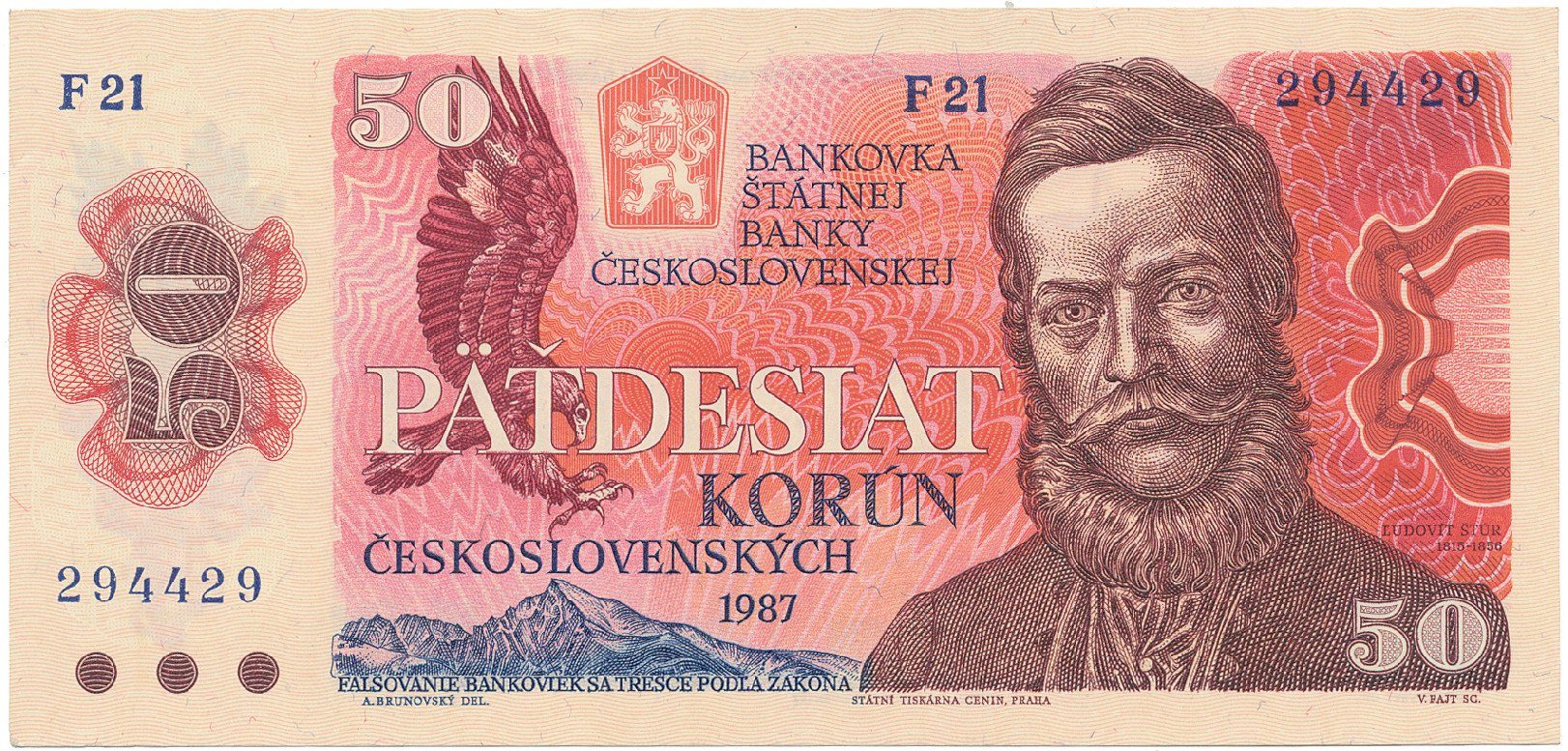 Československo, 50 Koruna 1987, série F, úzké sériové číslo, Hej.108a