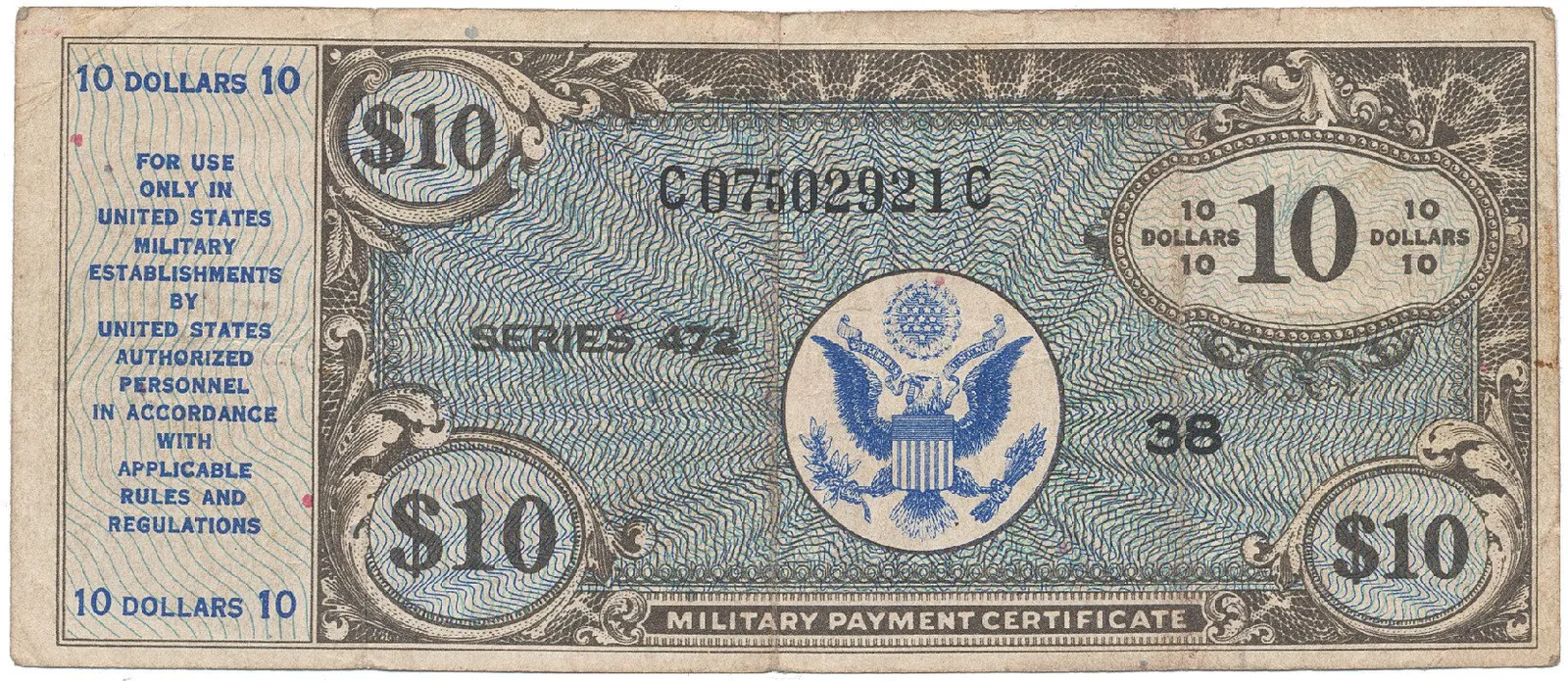 USA, vojenské vydání MPC, 10 Dollars (1948~1951), P.M21
