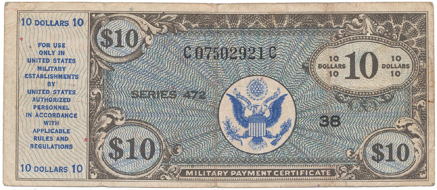 USA, vojenské vydání MPC, 10 Dollars (1948~1951), P.M21