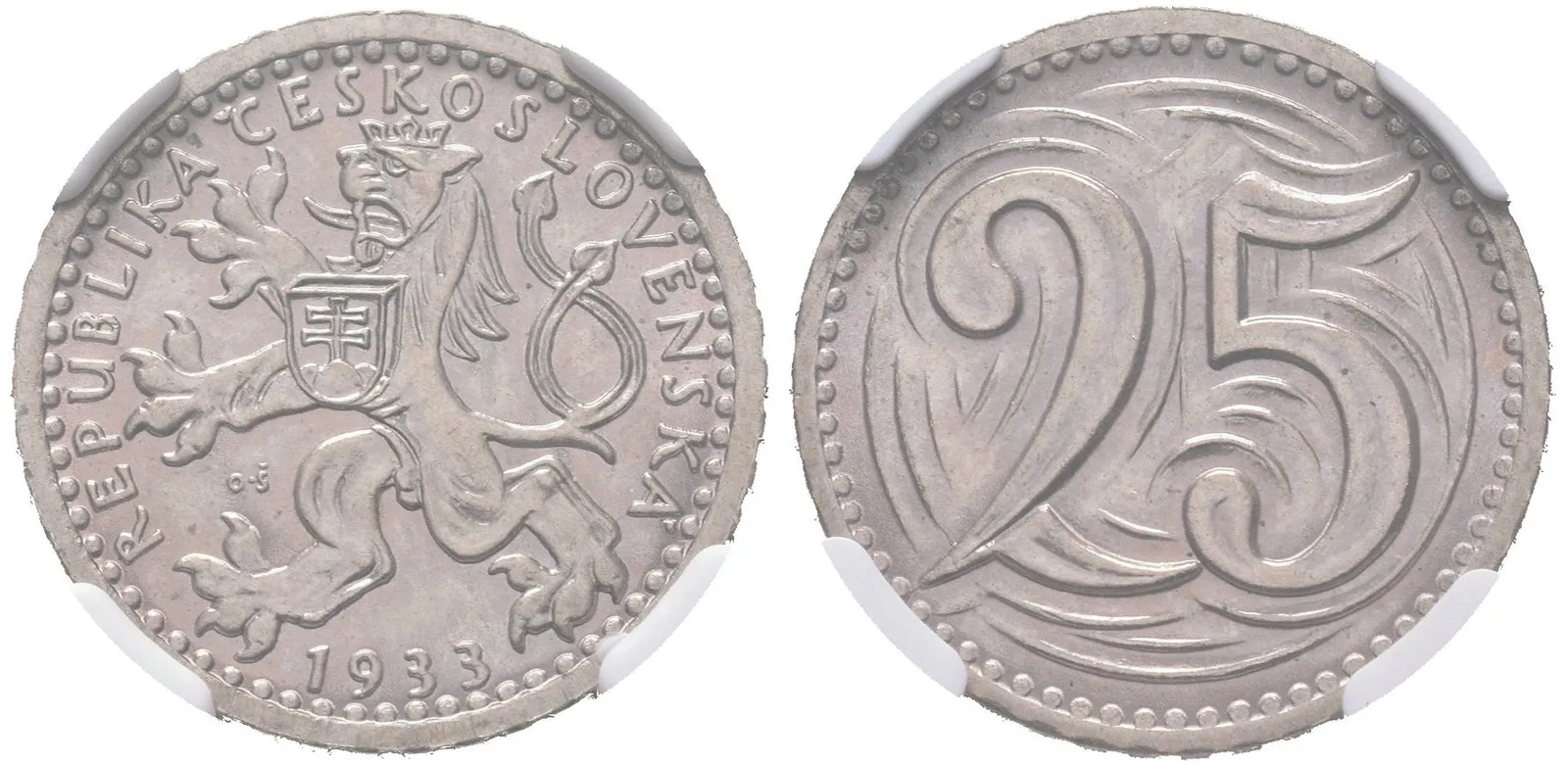 25 Haléř 1933, etue NGC, hodnocení MS 65, — 1
