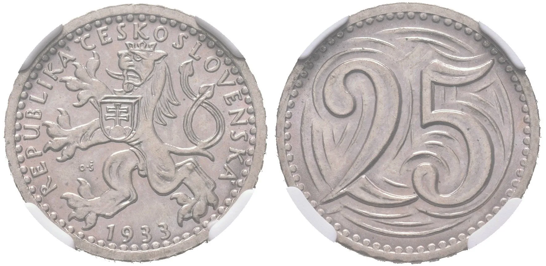 25 Haléř 1933, etue NGC, hodnocení MS 65, — 1